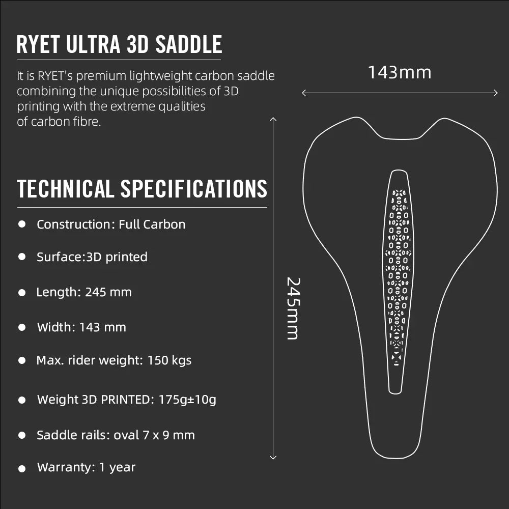 RYET 3D Printed Carbon Saddle 175g Ultra Lightweight (Oval Rails 7x9mm)
