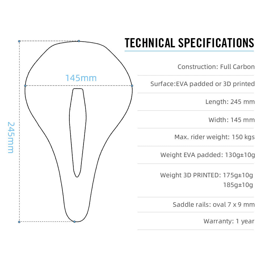 Ryet 3D Printed Carbon Saddle 145/155MM 130g (oval rails 7x9 mm)